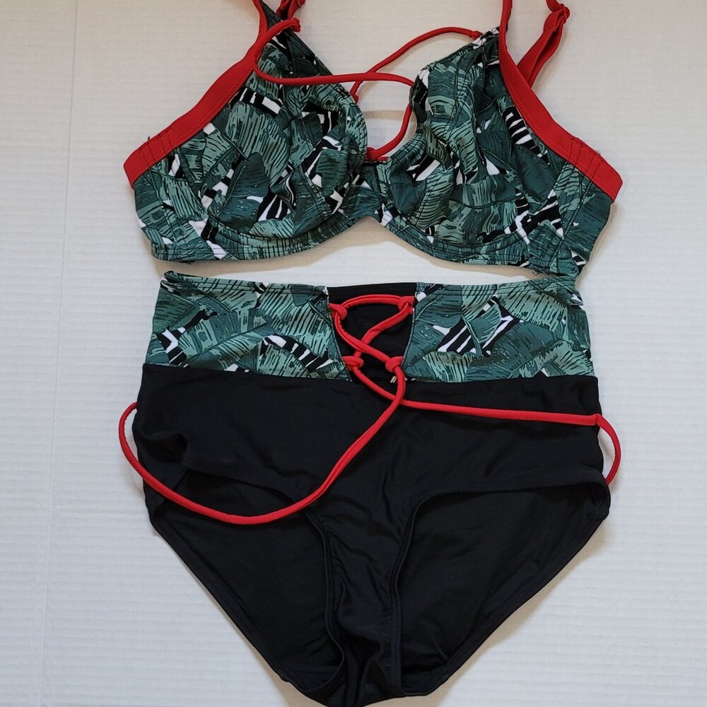 Green Leaf Print High-Waist Bikini with Red Trim